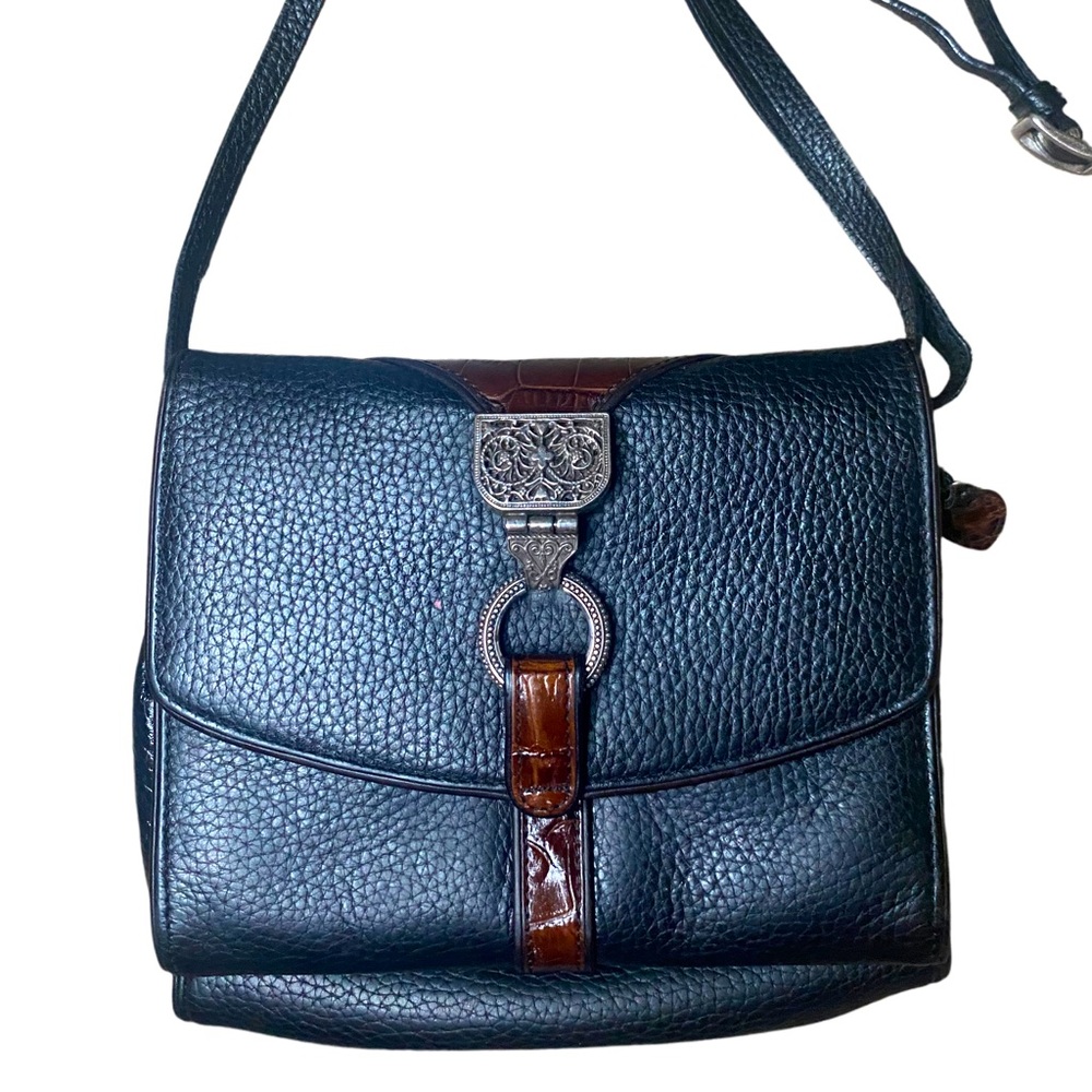 Y2K Vintage Brighton Nepal Organizer Black Leather Crossbody Wallet Bag